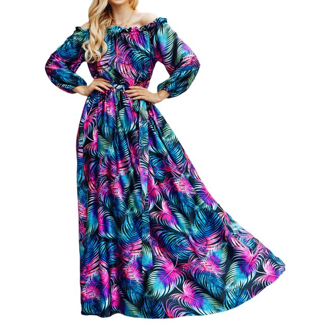 Sunloudy Vestido de manga larga casual para mujer, estampado a la moda, cuello de barco, vestido largo con cinturón Sunloudy moda