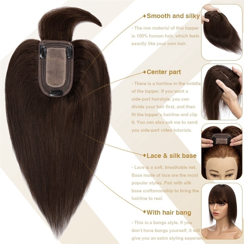 Hair Toppers for Women 6"-18" Real Human Hair with Bangs, 7x12.5cm Silk Base Clip In Hair Extension 150% Densiny Indian Hair Straight Hair Pieces