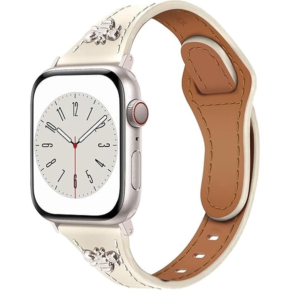 Slim Leather Bands with Charms Women Compatible with Apple Watch Band 38mm 40mm 41mm 42mm (S11/10),Top Genuine Leather bees Strap Thin Wristband for iWatch Series SE 11/10/9/8/7/6/5/4/3/2/1