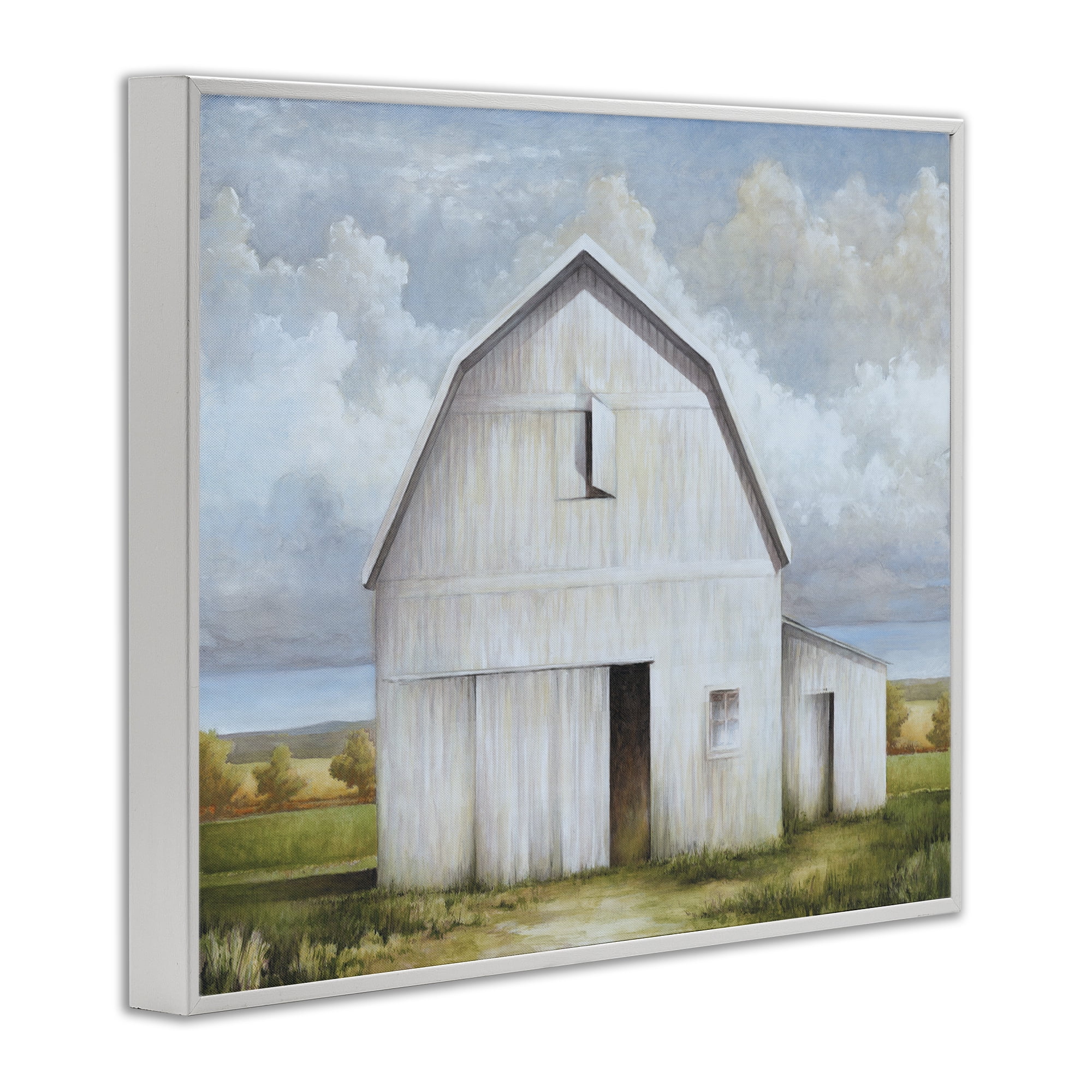 Stupell Industries White Barn with Clouds Landscape Painting White Framed Art Print Wall Art, 14 x 11