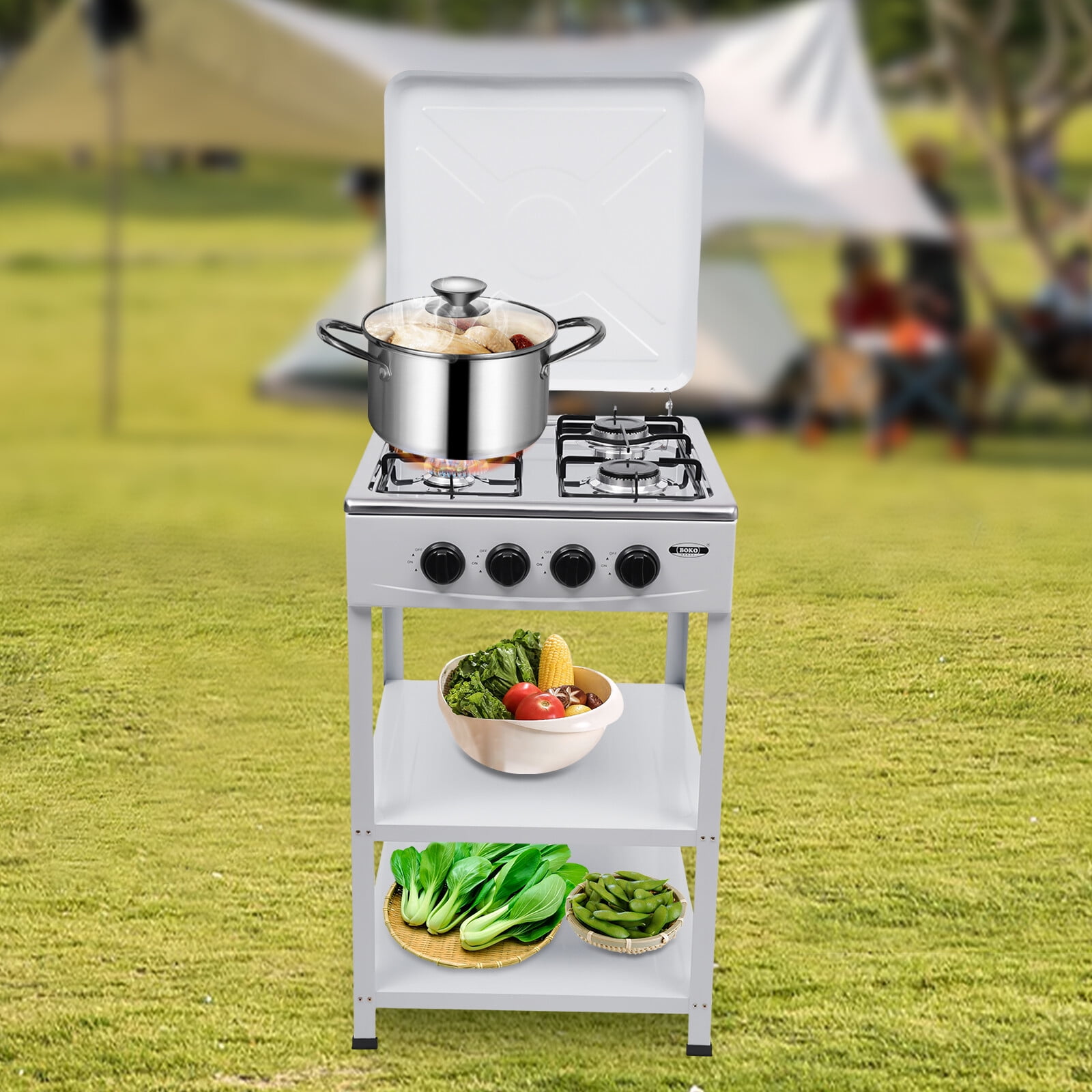 Portable Gas 4 Stoves with Support Leg Stand and Wind Blocking Cover Adapter, Stainless Steel Stove, Manual Ignition Camping Stove 4 Burner for RV, Apartment, Outdoor Cooking