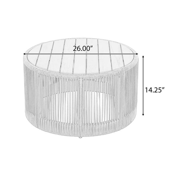 26" Round Acacia Wood Coffee Table with Grey Rope Accents, Rustic Outdoor Patio Table for Garden & Balcony