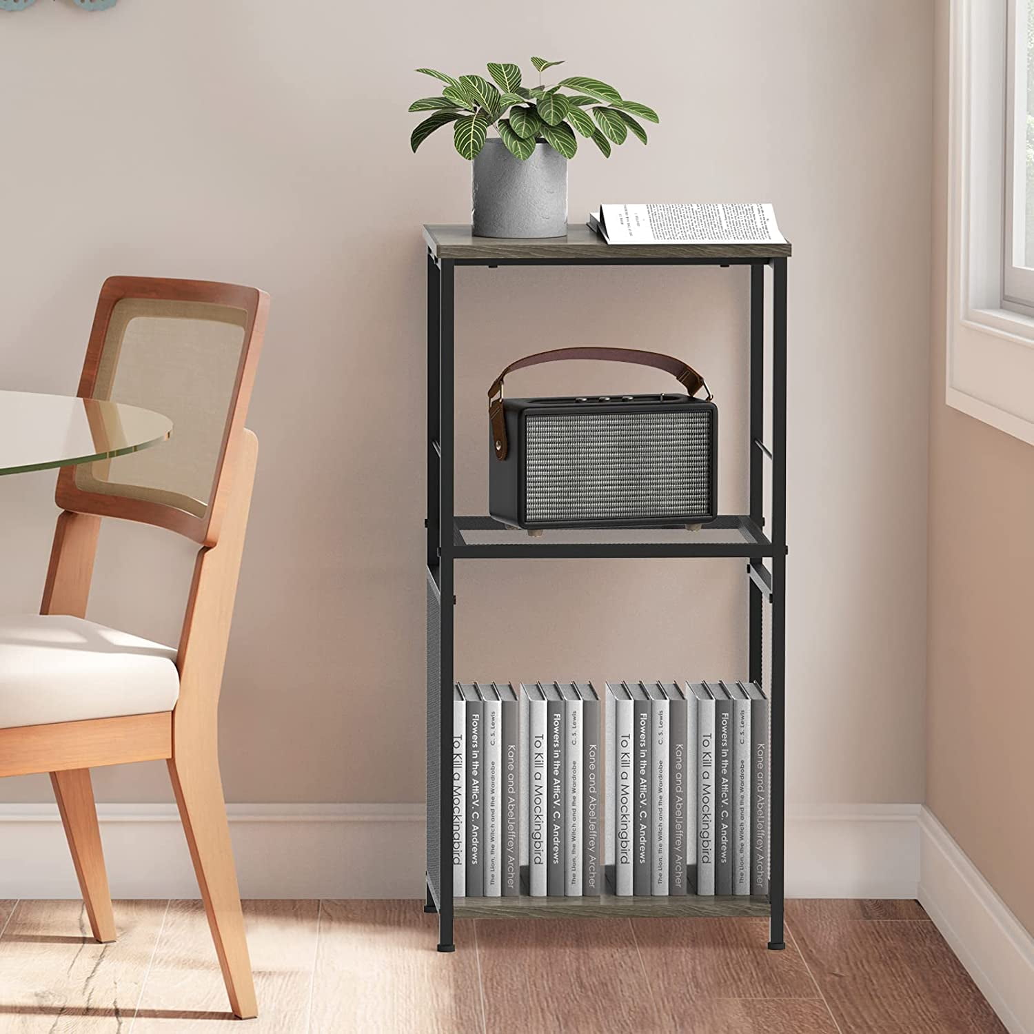 Record Player Stand with Vinyl Record Storage, 3-Tier Gray End Table