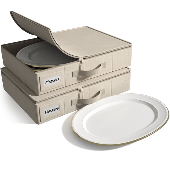 Sorbus 2 Pack China Storage Containers with Lid – Dinnerware Organizer for Platter Storage, Holds Service for 12, Felt Protectors Included, Beige
