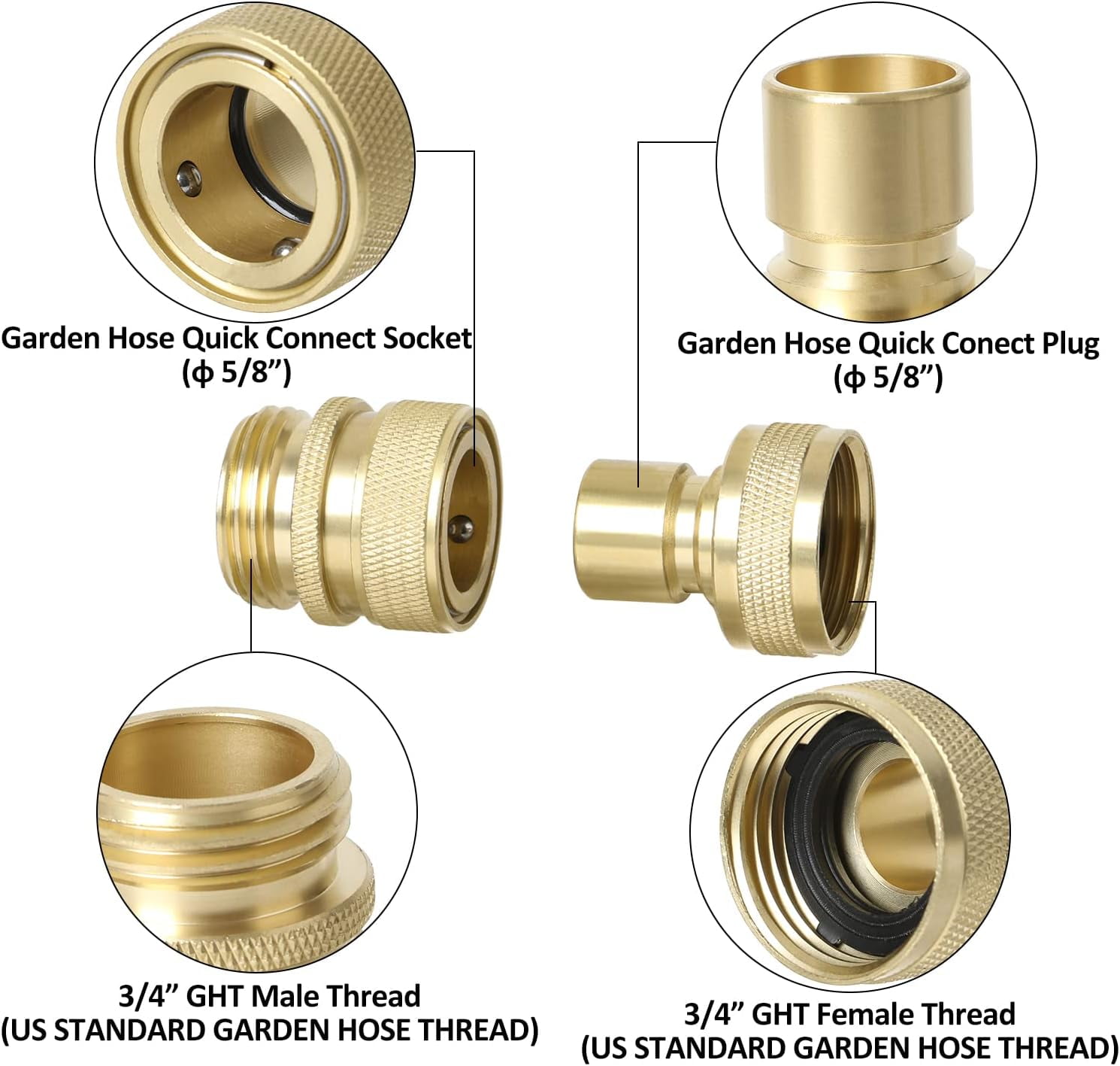 STYDDI Brass Full Flow Garden Hose Quick Connect Fittings, Solid Brass 3/4-Inch GHT Lawn Hose Quickly Disconnect Connector Coupler, Compatible with Most Hoses, Spigots, Watering Tools, 2 Sets