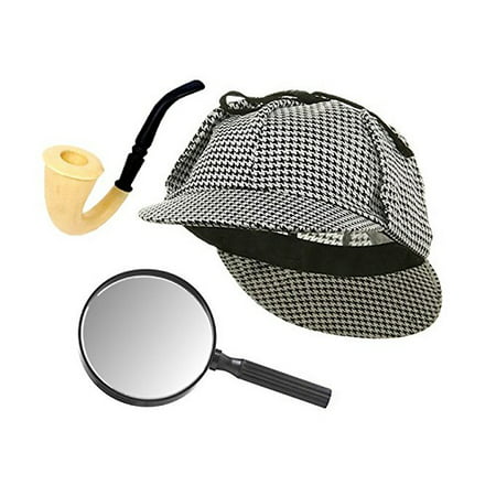 Sherlock Holmes Houndstooth Detective Hat With Costume Pipe & Magnifying Glass
