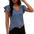 thumbnail image 3 of Pounoo Women's Striped Tees V Neck Short Sleeve Ruffle Sleeve Casual Tops Summer Loose Fit Comfy Tunics Gift, 3 of 6