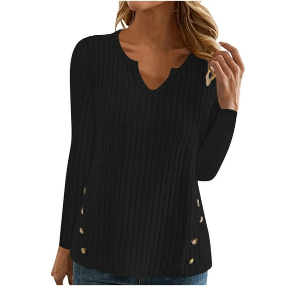 TKLPEHG Womens Tops Dressy V Neck Button Pullover Tunic Tops Lightweight Casual Fashion Long Sleeve Classic Solid Color Loose Blouses (Black,L)