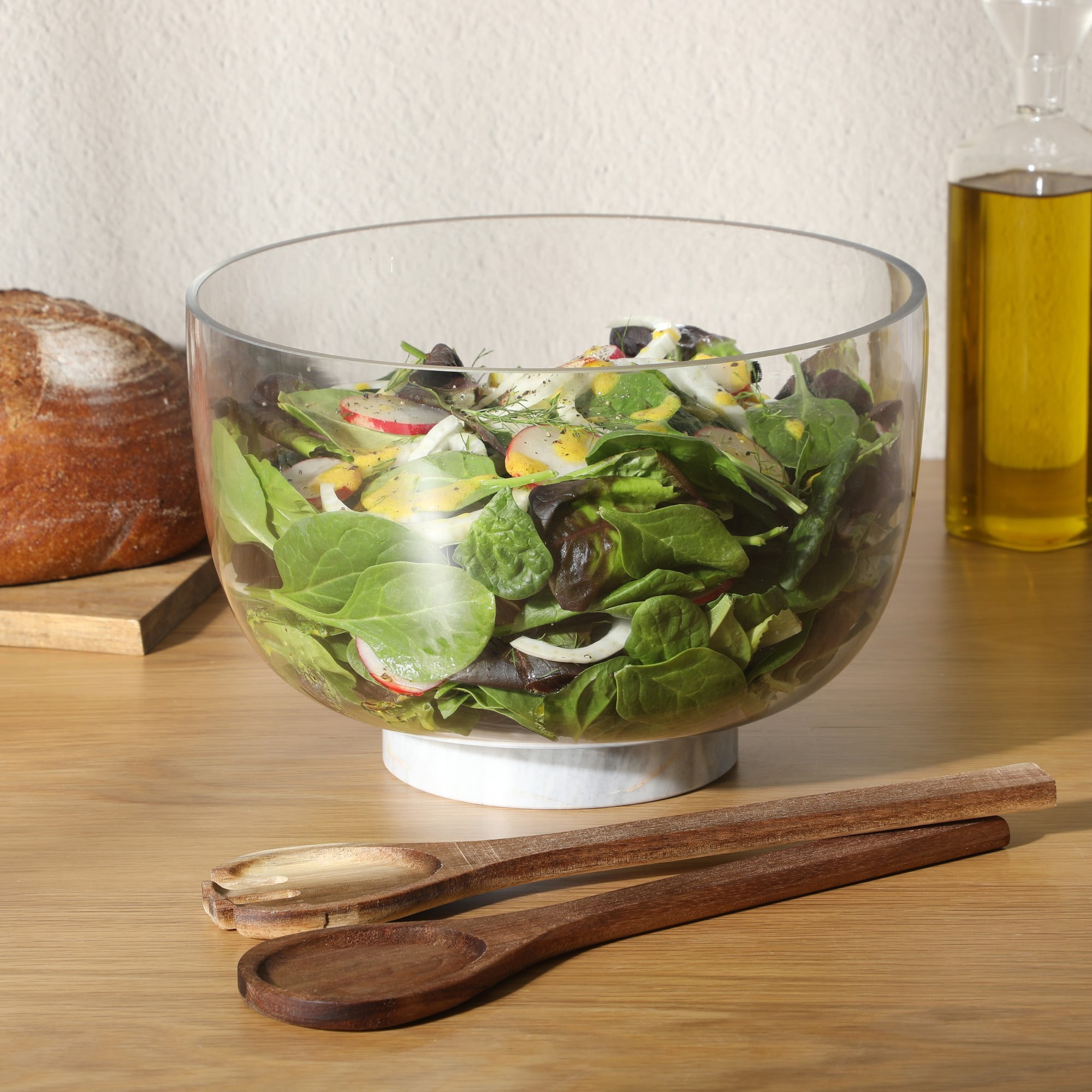 Gibson Elite Wildgreens Large Glass Salad Bowl Set with Marble Base and Acacia Serving Utensils