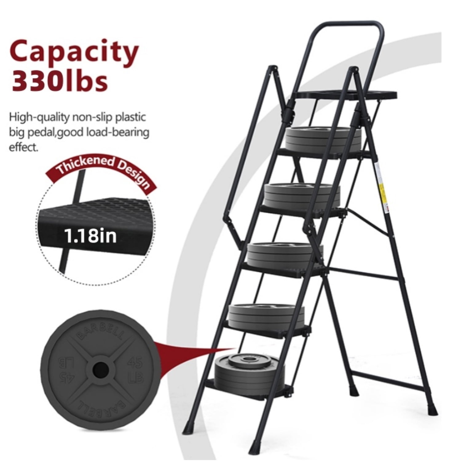 Alvantor 5 Step Ladder, Portable Steel Folding Ladder with Tool Tray and Handrails Black