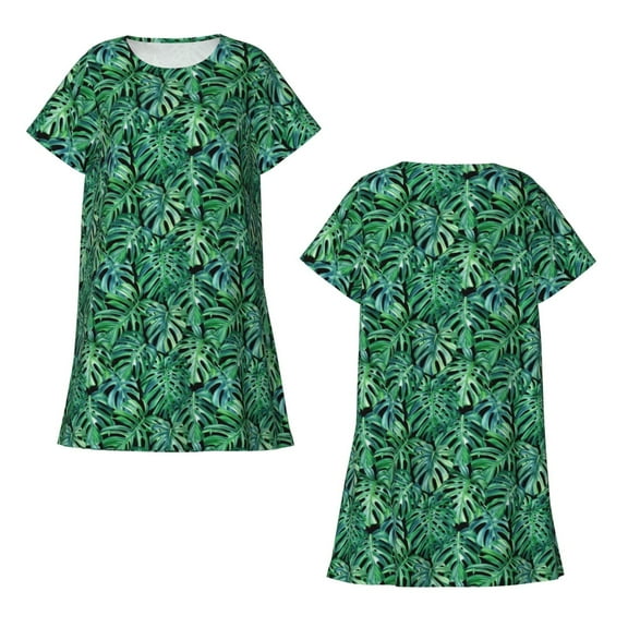 Horeoi Monstera Leaves Print Women's Short-sleeved Nightdress Breathable Cotton-like Material Loose A-line Knee-length