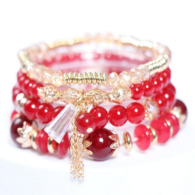 Xiao Hua Pulseras de cuentas apilables bohemias para hombres y mujeres, brazaletes de cuentas multicapa elásticos bohemios con dijes, joyería multicolor, rojo
