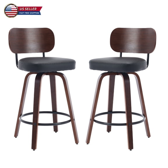 Hassch Mid-Century Swivel Counter Bar Stools Set of 2, Black Faux Leather Upholstered Seat with Walnut Curved Back & Bentwood Legs & Metal Footrest for Kitchen Island, Dining Room