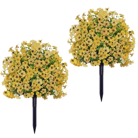 2 Pcs Fleurs Artificielles avec Pointes de Sol, Buissons Artificiels pour l'Extérieur, Faux Buisson d'Extérieur Résistant aux UV pour Porte d'Entrée, Patio Extérieur et Déco de Porche, Jaune