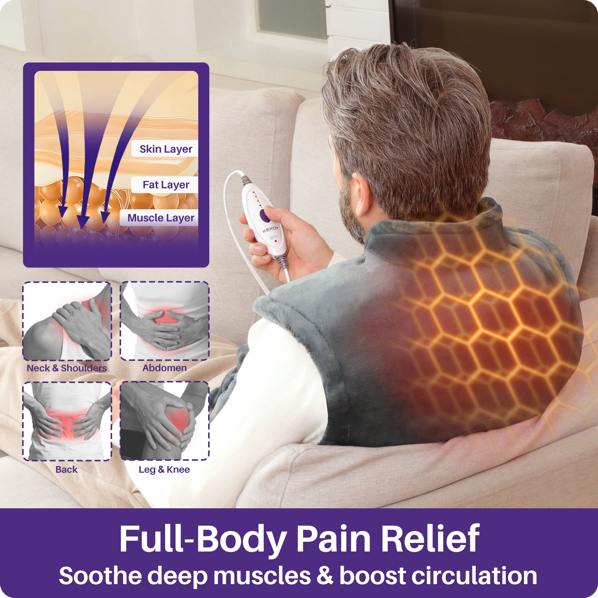 KEKOY Heating Pad for Back and Shoulder Pain Relief, Extra Large Electric Heat Pad 24"x37", Fast Heating for Neck , Auto Shut-off & Machine Washable, Gray