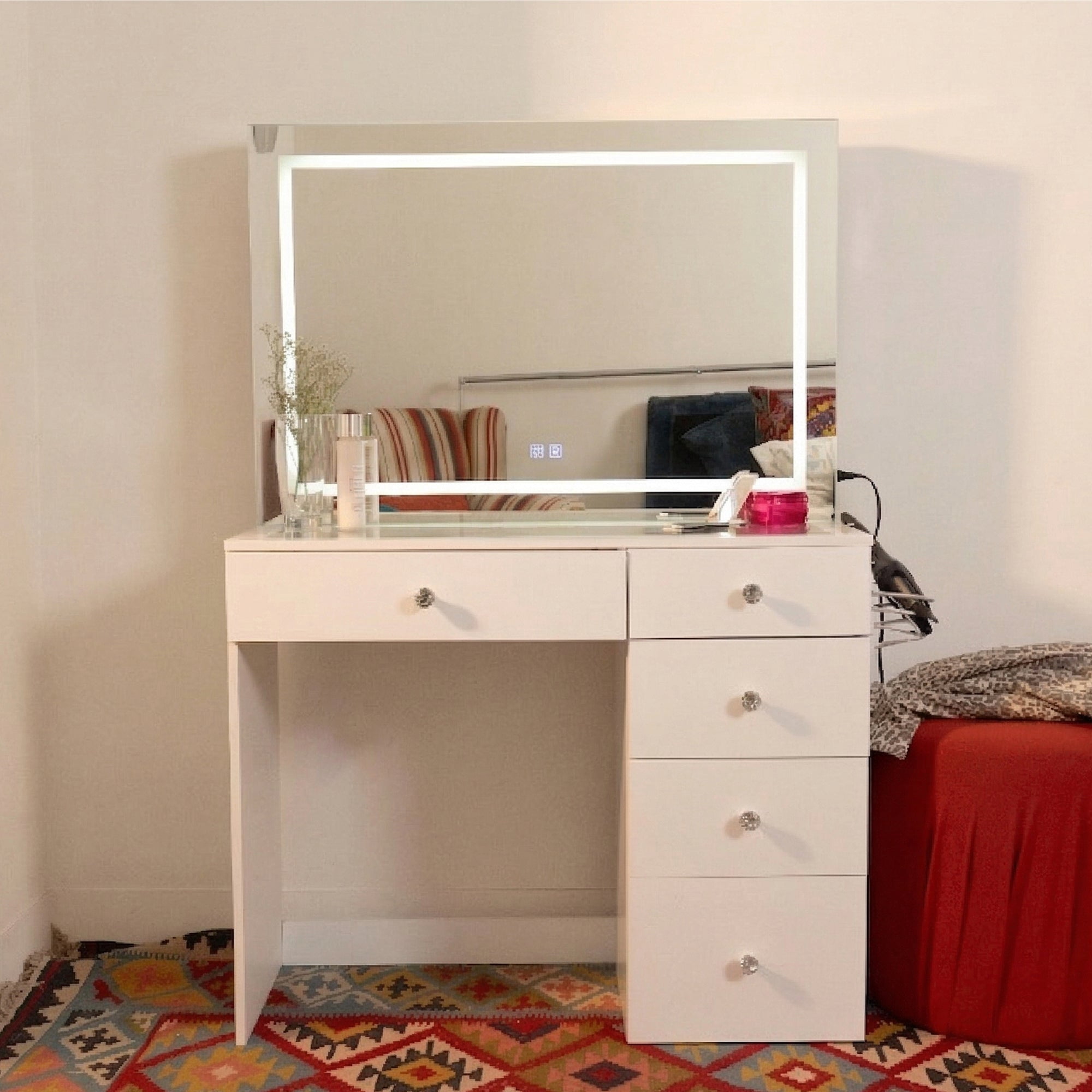 Boahaus Lyra Vanity Desk with LED Mirror and Built-In Speakers – Compact Makeup Vanity Table with Storage and Power Outlet