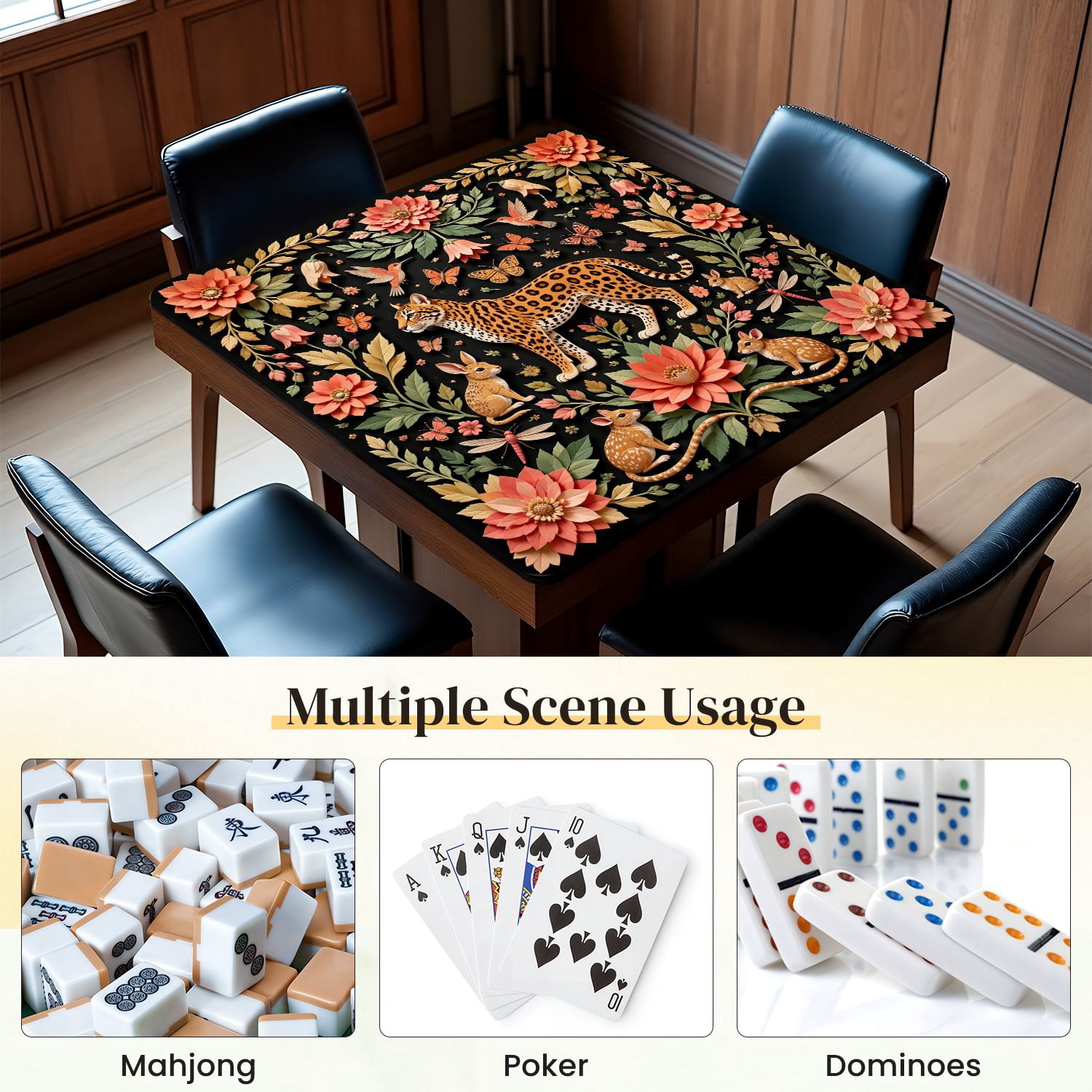 Mahjong Mat 31.5" x 31.5" Ornamental Wildlife Leopard Rabbits Butterflies Hummingbirds Pink Non-Slip Noise Reduction Mahjong Tiles Table Cover for Dominoes Poker Card Board and Tile Games