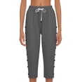thumbnail image 6 of Linen Capri Pants Women Spring Summer Casual Drawstring Side Button Elastic Waist Straight Wide Leg Cropped Pant Dark Gray S, 6 of 7