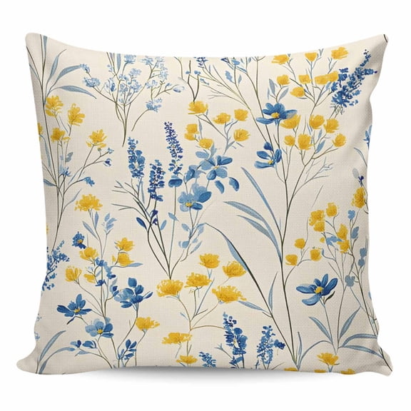 Throw Pillow Covers 16x16 Inch, Blue Yellow Flowers Decorative Pillow Cases for Couch Sofa Bed, Botanical Blossom Motif Cotton Linen Square Home Decor Pillowcases with Hidden Zipper