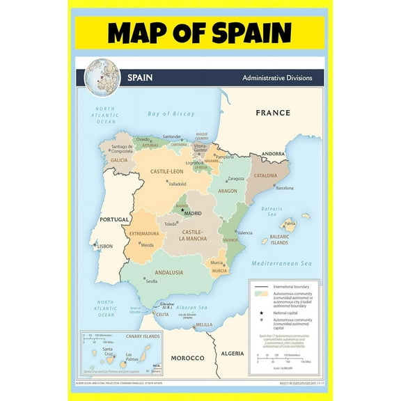 Spain Map Poster - Laminated Wall Map - 24x36 - Ideal for Classrooms and Homes – Features Bright Colors and Vivid Imagery