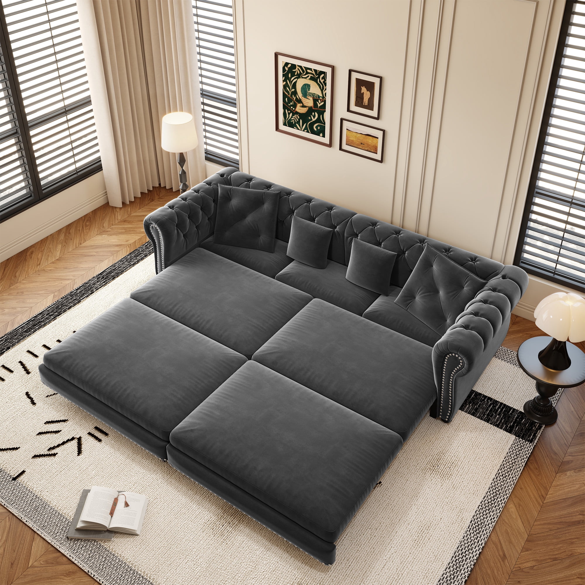 Firscook 89" Chesterfield King Size Pull Out Sofa Bed with Ottoman, Velvet Sleeper for Guest Room, Gray