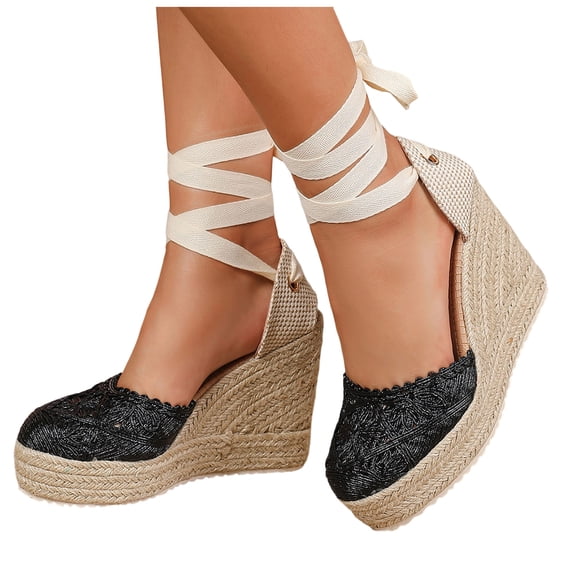 Rokment Womens Crochet Espadrilles Wedge Sandals 2026 Boho Beach Closed Toe Platform Chunky Heeled Strappy Dressy Shoes for Summer Fall Black Size 6.5
