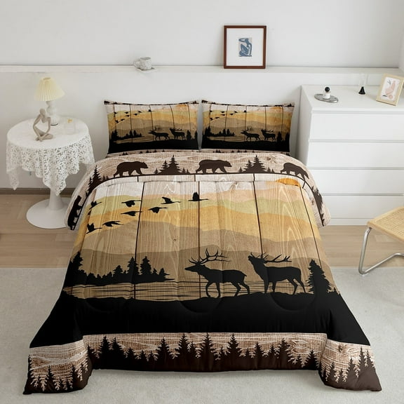 Erosebridal Moose Silhouette Bedding,Bear Elk Bear Comforter Set,King Duvet Insert Woodland Retro Pine Mountain Quilt with 2 Pillowcases,Vintage Style Hunting Animal Lightweight Warm