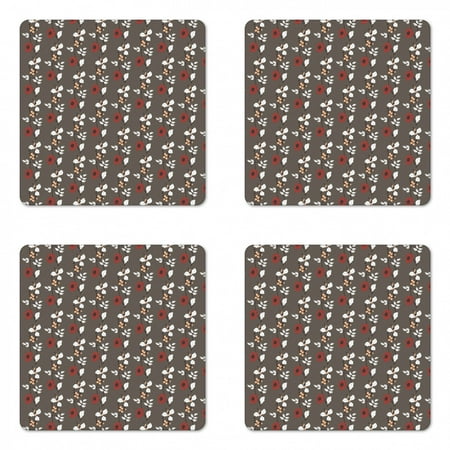 

Floral Coaster Set of 4 Spring Nature Garden Art Pattern with Red Blooms Leaves and Little Buds Square Hardboard Gloss Coasters Standard Size White Peach Taupe by Ambesonne