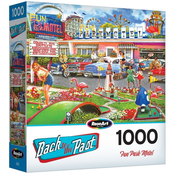 RoseArt: Back To The Past - Fun Park Motel - 1000 Piece Puzzle - Retro Mini Gold Amusement Park Scene, Adult Jigsaw, 19.2 x 26.6, Reference Art Poster