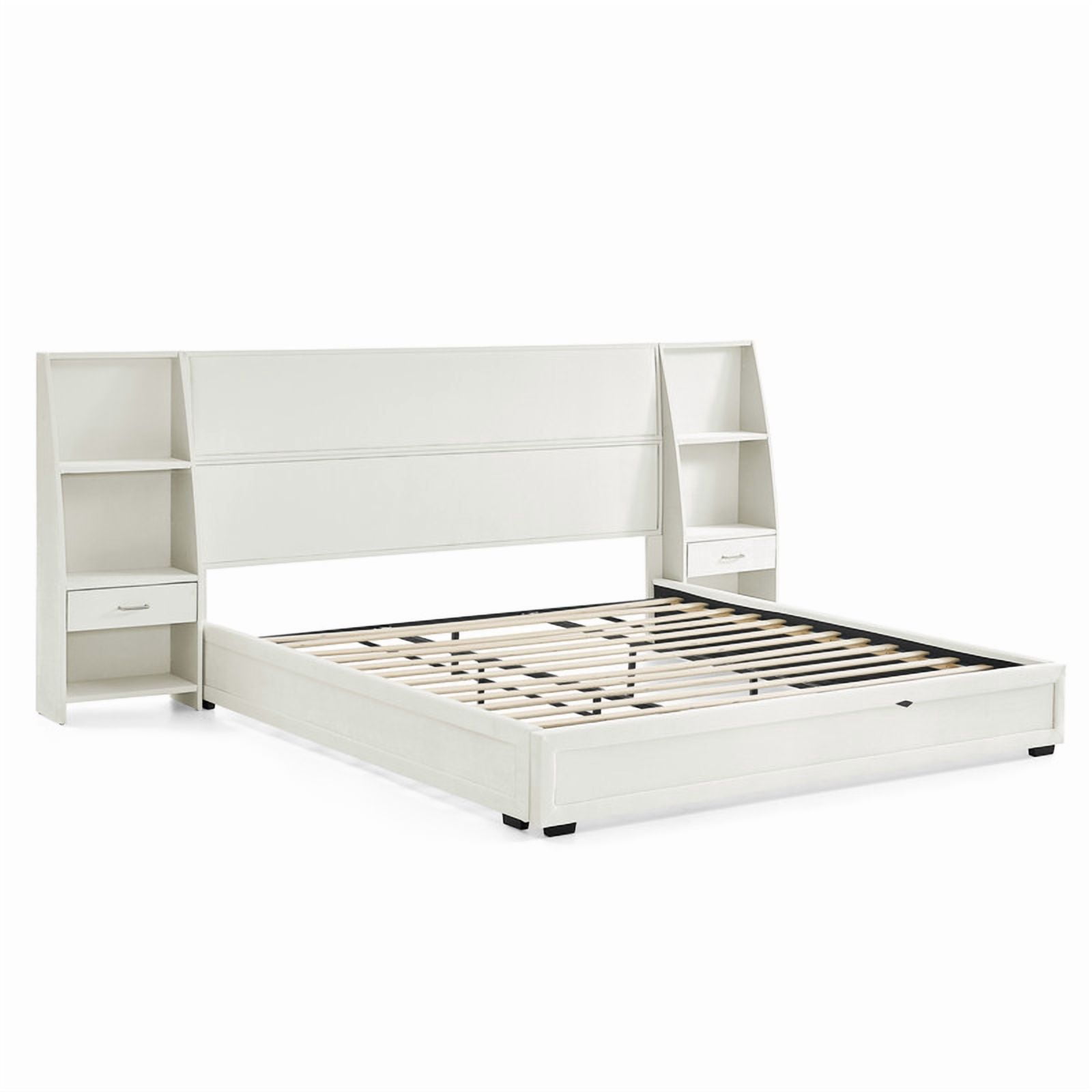 Queen/King Size Modern Upholstered Platform Bed Frame, Velvet Storage Bed with Headboard, Side Bookcases & Drawers Nightstand