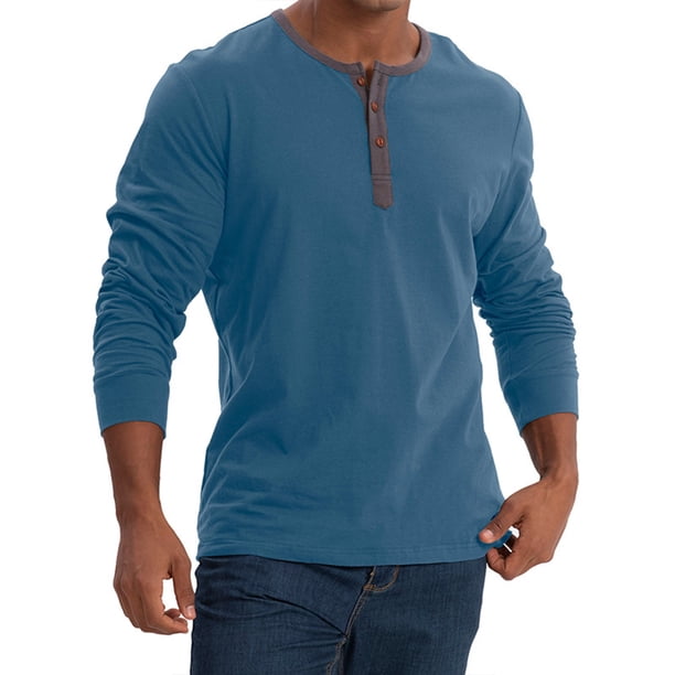 Blusas y camisas de manga larga con cuello redondo para hombre, color liso, informales, a la moda, con botones, cuello redondo, manga larga, blusa de poliéster para hombre