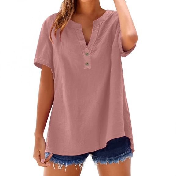 Women's Fashion Casual V Neck Down Short Sleeve Top T Shirt Pink Women Cotton And Linen T Shirt Women's Short Sleeve T-Shirt(XL)