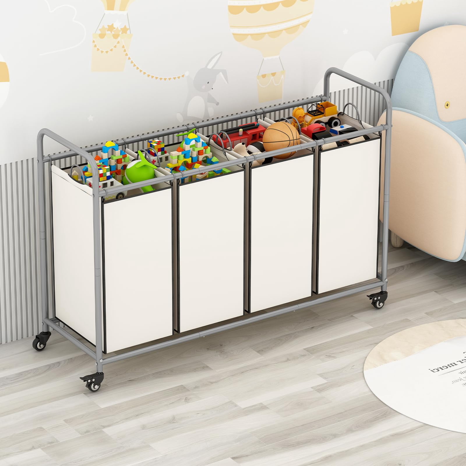 4 Bag Laundry Basket Sorter Laundry Hamper Cart with Heavy Duty Rolling Lockable Wheels and Removable Bags Organiser