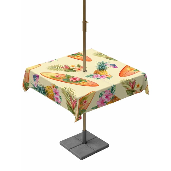 Outdoor Tablecloth with Umbrella Hole for Patio/Picnic/Party/Camping, Summer Tropical Surfboard Waterproof Table Cloth Square Cover Washable, Pineapple Palm Leaves Flowers (54"x 54")