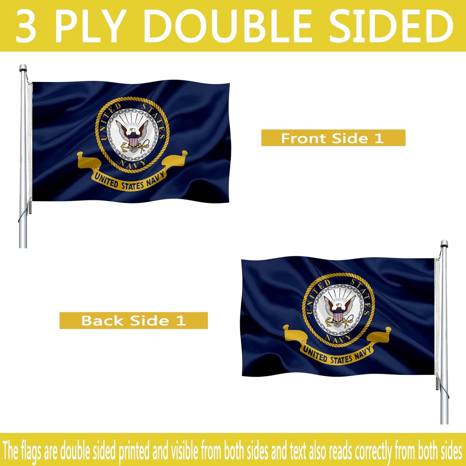 US Navy Flag 3x5 FT Outdoor 3Ply Double Sided US American Navy Flags USA Army Military Flags Navy Naval Military Flags United State Navy Flags Banner 2 Brass Grommets US Navy Decor Outside Indoor