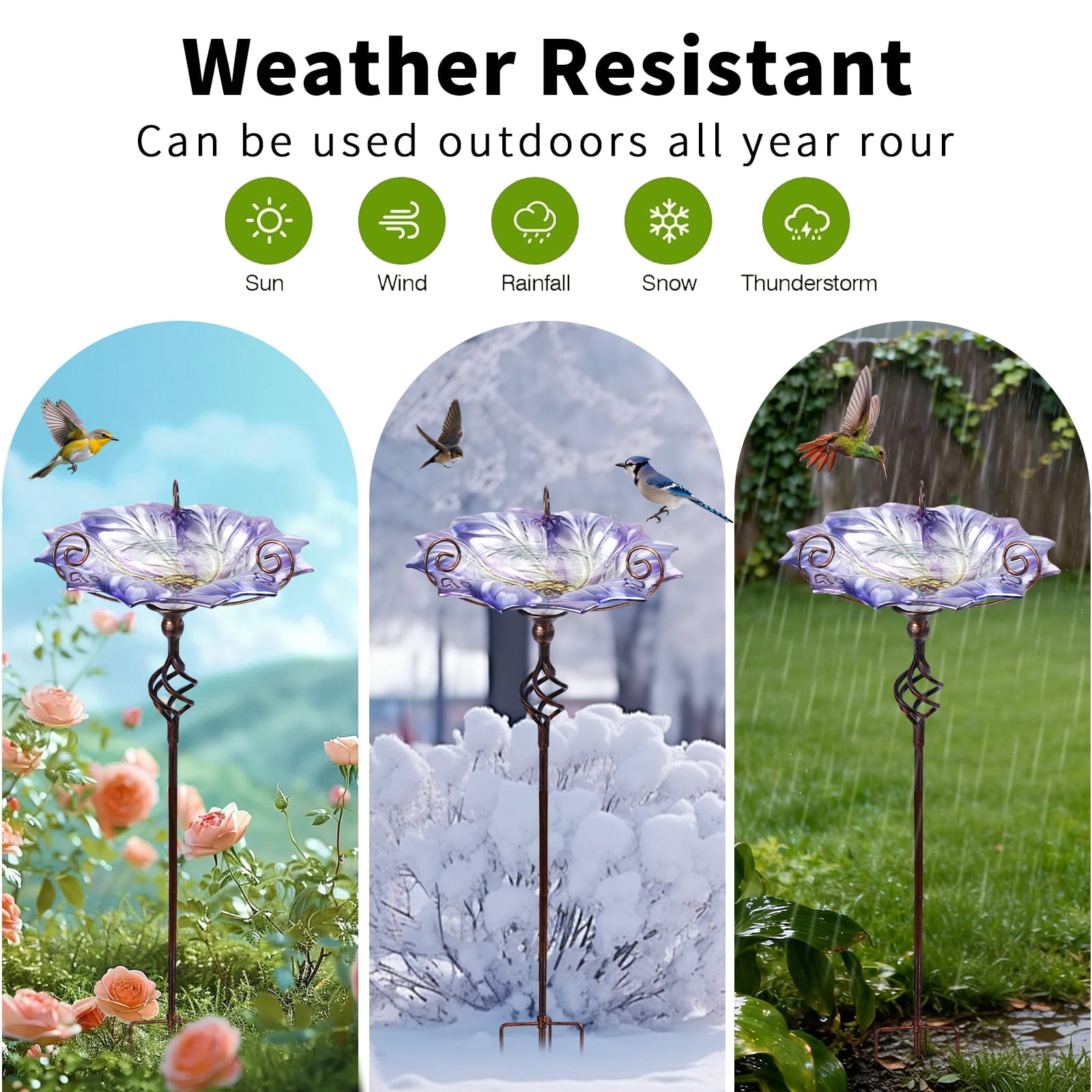Glass Bird Bath Outdoor BirdBath Bird Feeder with Metal Stake Garden Decor, Purple