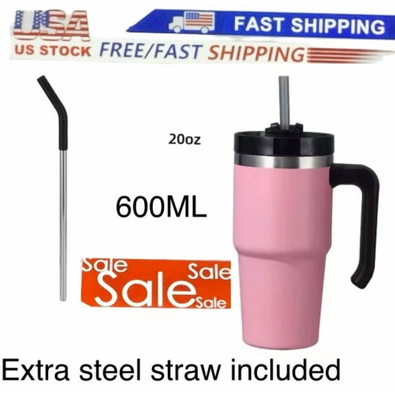 20Oz Tumbler Cup With Handle & Straw - Stainless Steel Vacuum Insulated Mug/Pink