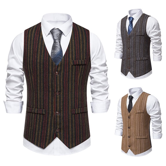 Men's Tweed Suit Vintage Vest Casual Herringbone Single-Breasted Prom Waistcoat Groomsmen Khaki L