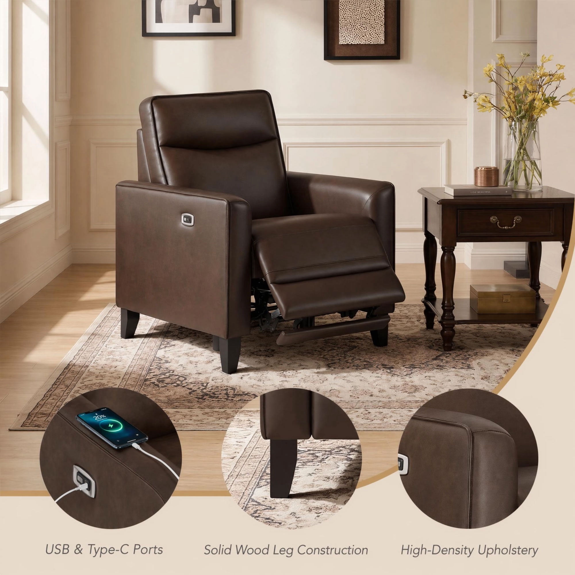 Spruce & Spring Zero Wall Power Recliner Chair for Living Room - Faux Leather Espresso
