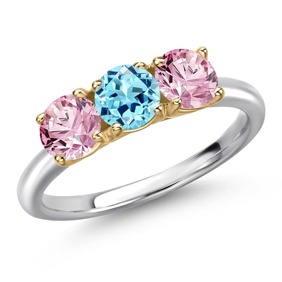 Gem Stone King 925 Silver and 10K Yellow Gold Blue Apatite and Pink Lab Grown Diamond Engagement Ring for Women | 1.50 Cttw | Round 5MM | Gemstone Birthstone | Size 5