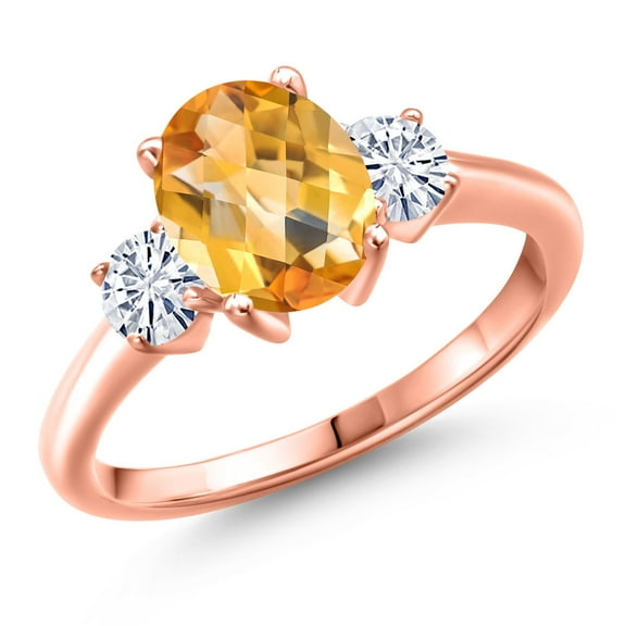 Gem Stone King 18K Rose Gold Plated Silver Yellow Citrine and White Moissanite Engagement Ring for Women | 2.11 Cttw | Oval Checkerboard 9X7MM | Gemstone November Birthstone | Size 5