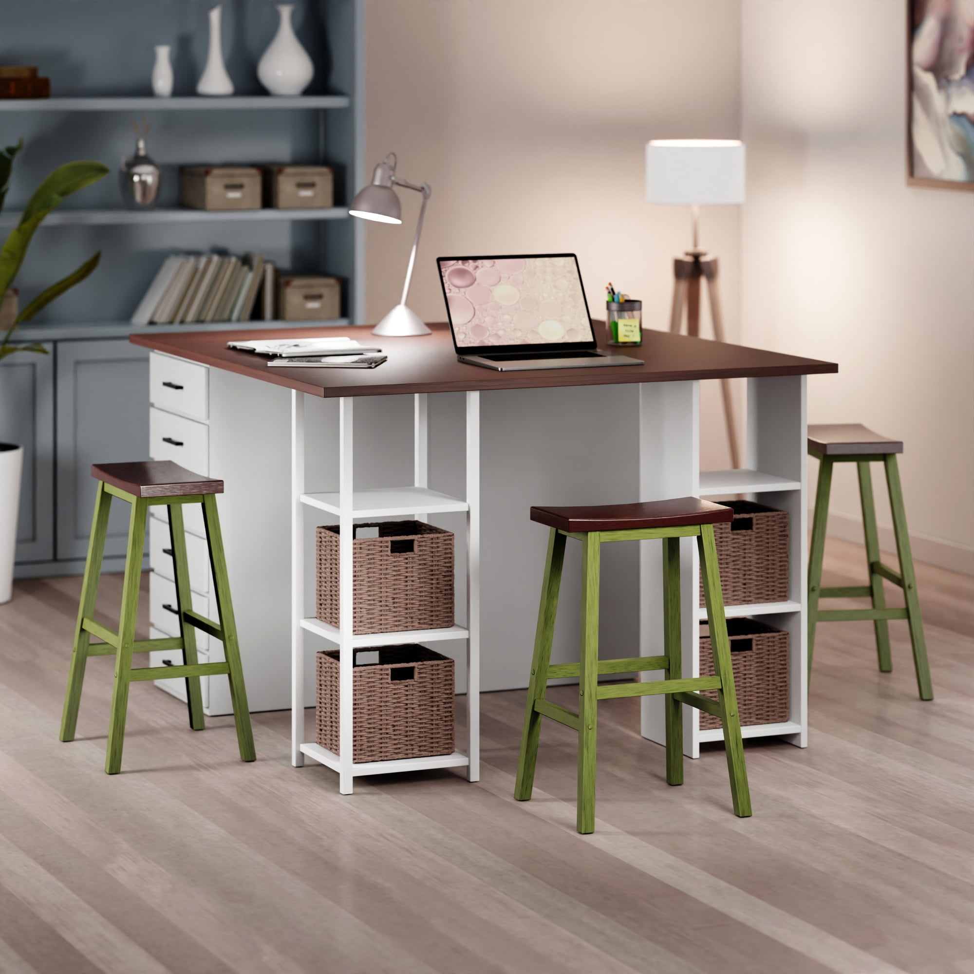 Winsome Satori Saddle Seat Bar Stool, Rustic Green and Walnut Finish