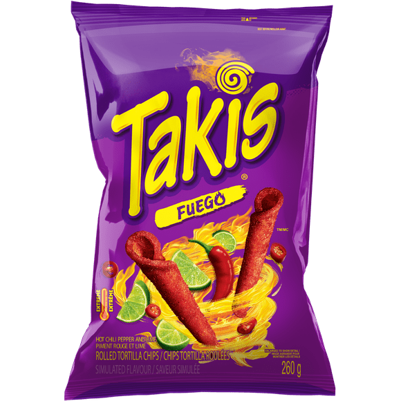 Croustilles de tortilla roulées Takisᴹᴰ Fuego, saveur épicée de piment rouge et de lime 260g
