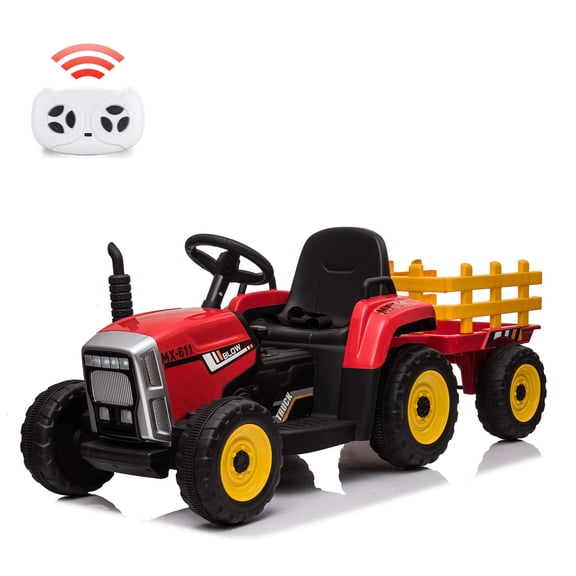 12V Battery Operated Electric Tractor with Trailer, Remote Control, 7 LED Lights, MP3, USB, Ages 3-6, Red
