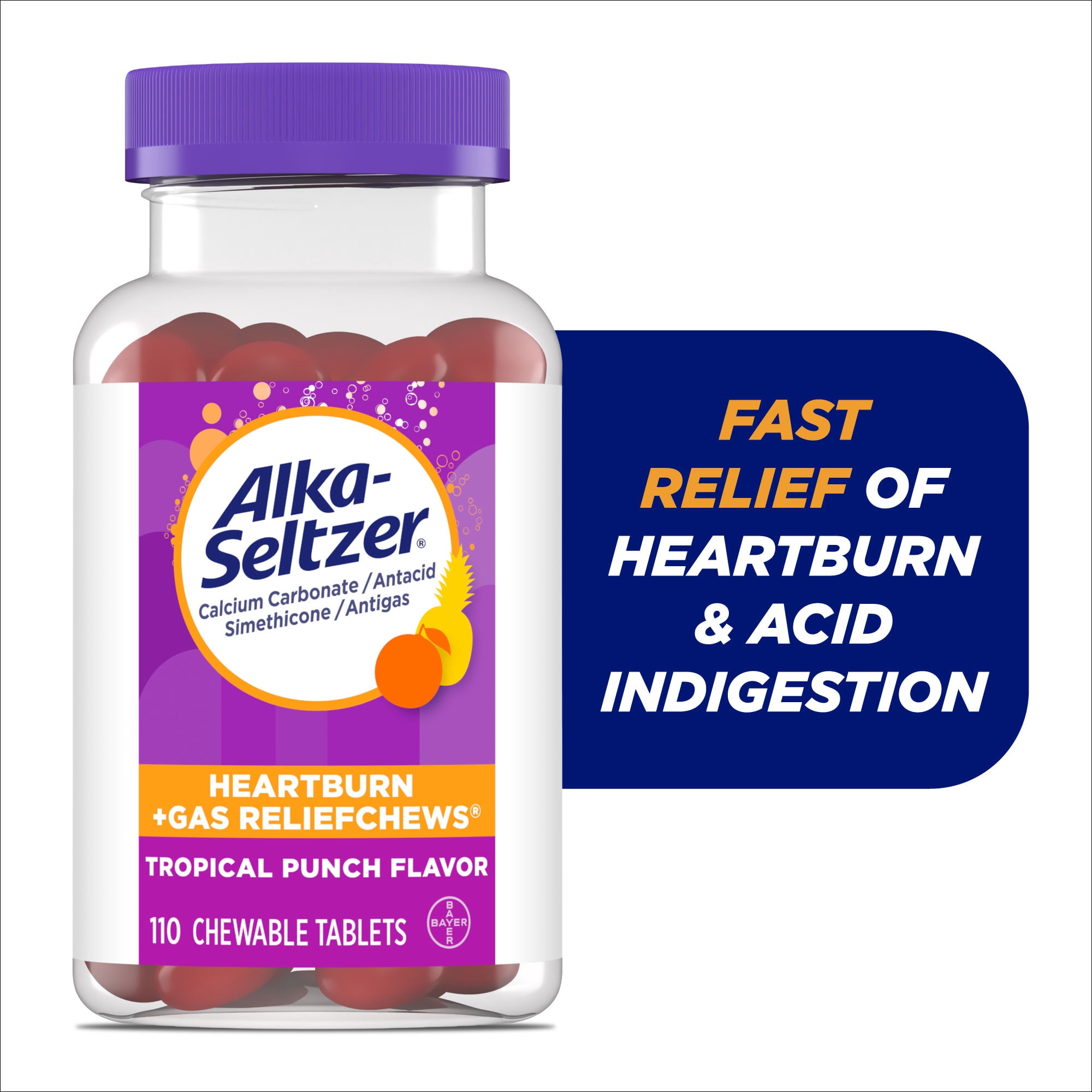 Alka-Seltzer Heartburn + Gas ReliefChews, Antacid + Antigas Chews for Fast Heartburn Relief, Gas, and Acid Indigestion Relief on the Go, 110 Count