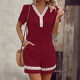 thumbnail image 6 of Solid Lace Patchwork 2 Piece Outfit, Women Summer Short Sleeve Top & Shorts Set, 6 of 7