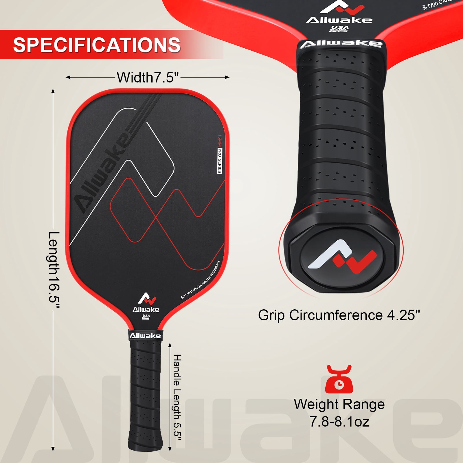 ALLWAKE Pickleball Paddles, Multi-Layer T700 Textured Carbon Fiber Pickleball Paddle, USAPA Approved Pickle Ball Paddle, Strong Power and Spin Surface