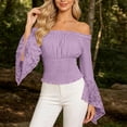 thumbnail image 2 of Women off Shoulder Lace Blouse, Convertible Square Neck Bell Long Sleeve Slim Top, Casual Elegant Shirt for Summer Autumn Dating Daily Outfits Purple XXL(XXL), 2 of 7