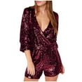 thumbnail image 2 of Pxkloy Women's Sequin Romper Party Clubwear Shiny Wrap V Neck Shorts Jumpsuit Glitter Sparkly Long Sleeve Disco Dance Outfit Red,L, 2 of 5