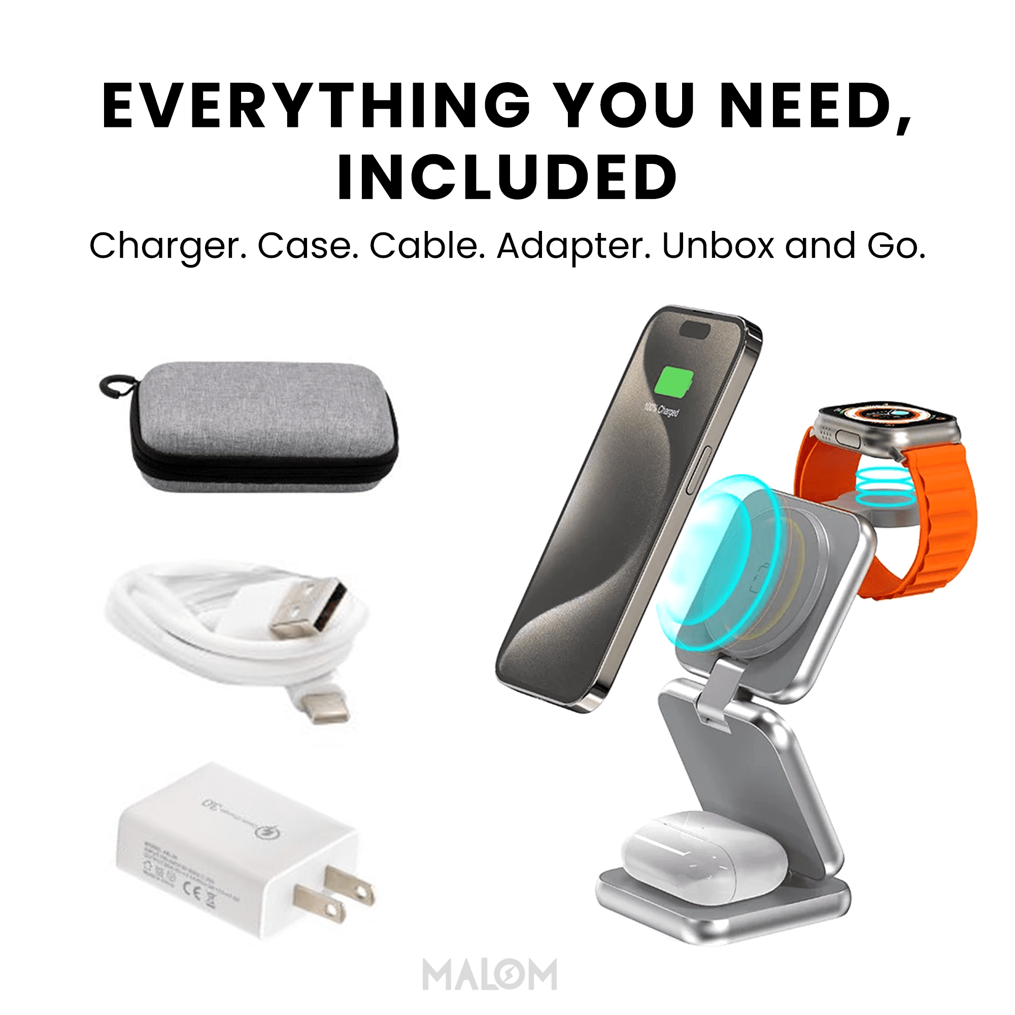 MALOM 3-in-1 Magnetic Foldable Wireless Charger for iPhone 16/15/14/13/12 Series, Apple Watch, AirPods with 20W Adapter and Type-C Cable